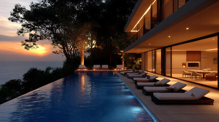 Modern Villa with Infinity Pool and Sunset View - 3D Illustration