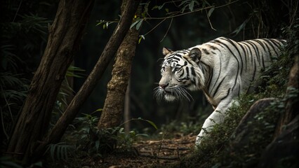 Intense Black and White Tiger Stalking Its Prey in a Dramatic Forest Setting, Capturing the Essence of Nature&rsquo;s Predator with Stealth and Power in Striking Monochrome Imagery