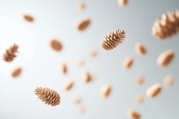 Obraz premium Floating pine seeds scattered on a light background evoking a minimalistic and abstract representation of natures seasonal elements