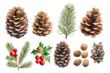 Collection of pinecones holly berries and evergreen branches displayed as botanical elements for winter and holiday decor themes