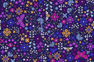 Floral seamless pattern. Imitation cross stitch. Vintage.