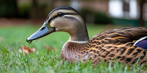 A close-up of a duck resting on green grass, showcasing its detailed feathers and features.
