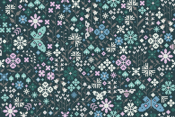 Floral seamless pattern. Imitation cross stitch. Vintage. Deep green.