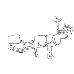 One continuous single drawing line art flat doodle christmas, reindeer, winter, sled, north, animal, snow, arctic. Isolated image hand draw contour on a white background, hand drawn, not AI