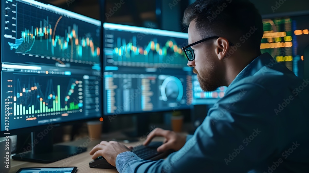 Poster technology finance landscape showing an analyst using computer and dashboarddriven data analysis ai 
