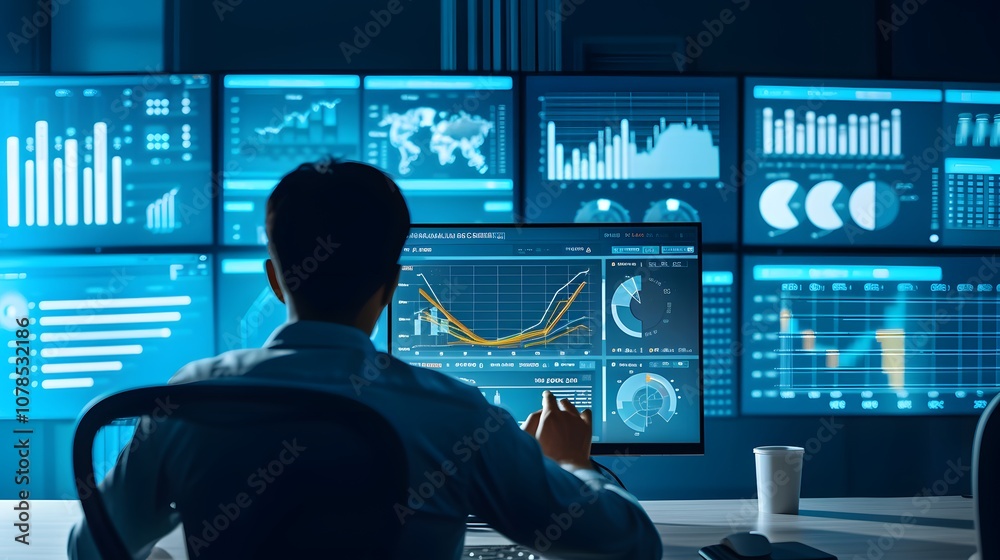 Poster technology finance landscape showing an analyst using computer and dashboarddriven data analysis ai 