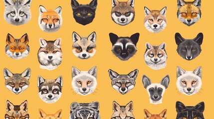 Obraz premium A seamless pattern of various fox species on a yellow background.