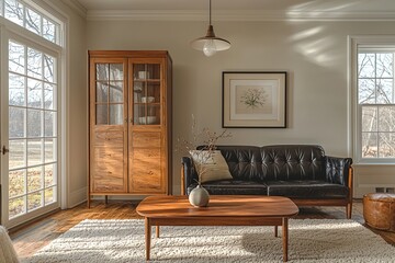 A mid century modern interior in a residential living room with minimalist, black leather sofa and pendant lighting and wood cabinet. Generative AI

