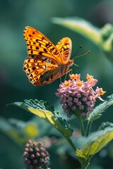 Obraz premium The fluttering wings of a butterfly landing on a flower AI generated illustration