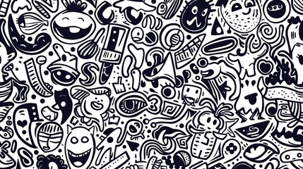 A seamless pattern of black and white doodles.