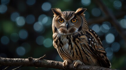 A brown and white owl with yellow eyes perched on a branch.