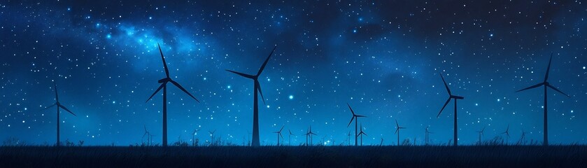 Silhouettes of Wind Farm Against Starry Night Sky with Sustainable Energy