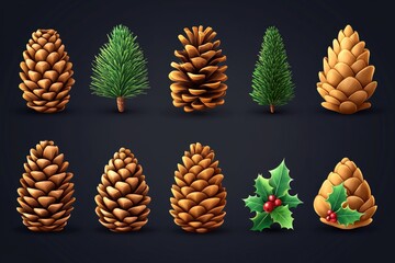 Collection of pinecones and miniature conifer trees arranged on a dark backdrop emphasizing texture botanical diversity and festive creativity for holiday decorations