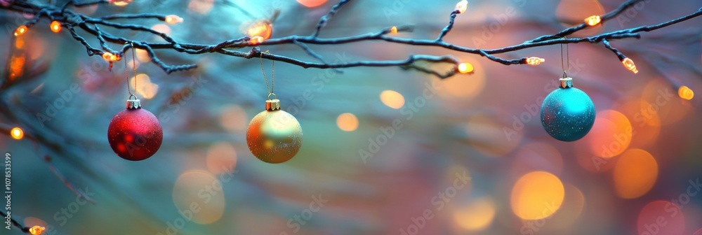 Aufkleber brightly colored ornaments dangle from a branch, illuminating the festive setting with soft, twinkli