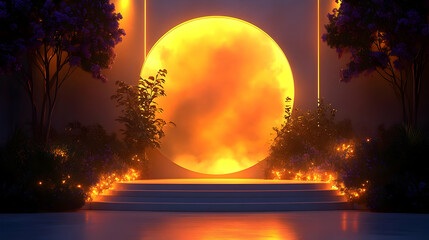 3D Illustration of a Stage With a Circle of Light Behind it