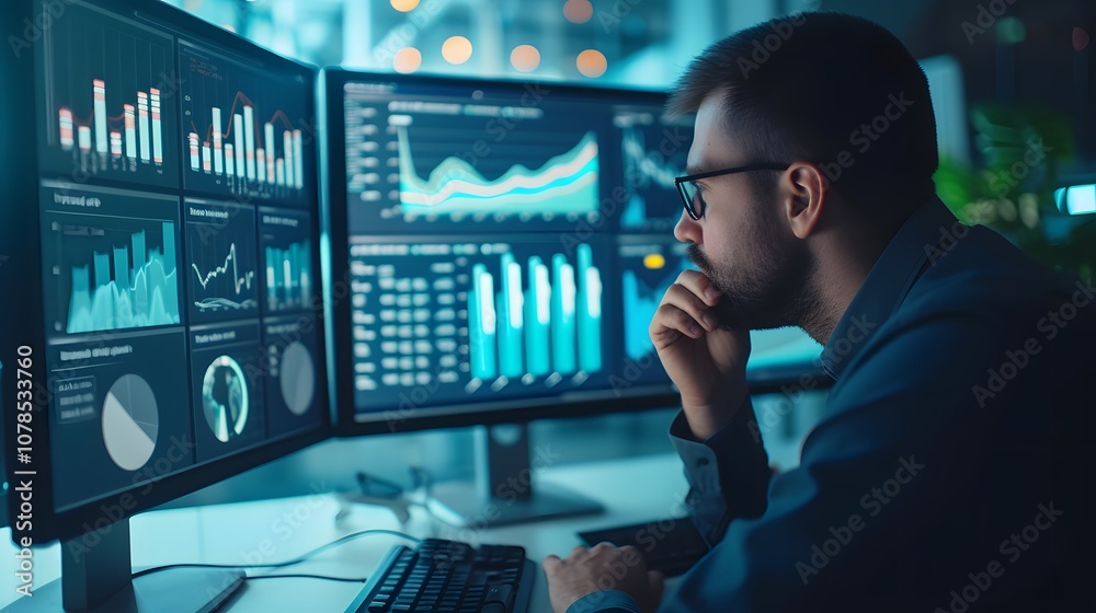 Wall mural a man is focused on examining a computer screen with graphs