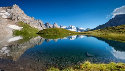 a serene alpine lake nestled between towering mountains reflecting the surrounding peaks and the clear blue sky creating a tranquil and picturesque mountain scene