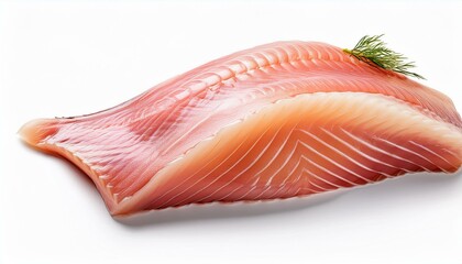 fresh raw sea fish fillet from side of fish with no bones high in protein essential fats and minerals for good health isolated on white background with copy space