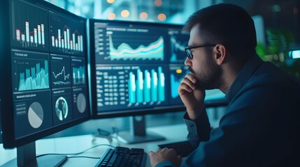 A man is focused on examining a computer screen with graphs