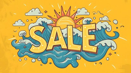 Fototapeta premium The word SALE designed with a summer theme including sun and waves AI generated illustration