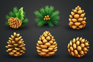 Festive pinecones topped with holly leaves and red berries placed in decorative brown pots creating a playful and modern holiday tabletop display