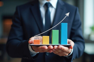 A business professional stands in an office, showcasing a smartphone with a bar graph illustrating significant growth.