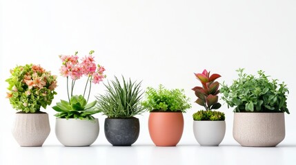 Fototapeta premium different house flowers in minimalist pots isolated on white background