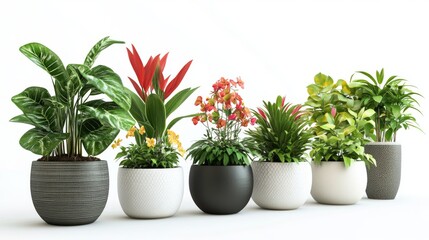 Fototapeta premium different house flowers in minimalist pots isolated on white background