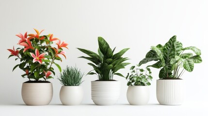 Fototapeta premium different house flowers in minimalist pots isolated on white background