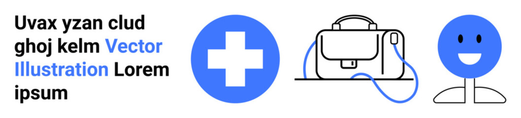Obraz premium Medical cross, bag with a shoulder strap, and happy face in blue and white. Ideal for healthcare, education, websites, advertisements, print materials, presentations, branding. Landing page