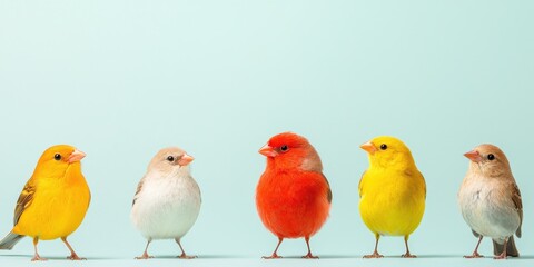 Fototapeta premium Colorful canaries standing in a row on a mint green background.