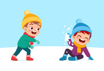 little kid play snow with friend and feel happy