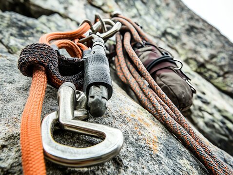 Close-up of climbing gear on a rock surface, showcasing the equipment and climbing ropes.