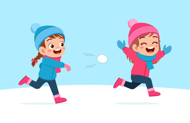 little kid play snow with friend and feel happy