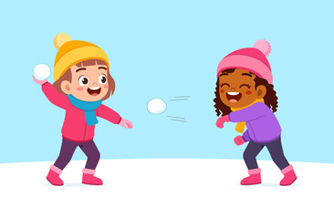 little kid play snow with friend and feel happy