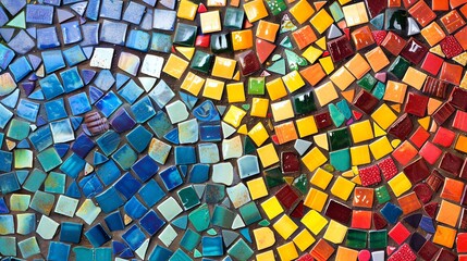 A colorful mosaic tile pattern with blues on the left and oranges, reds, and yellows on the right.