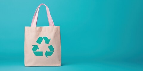 Eco-friendly tote bag with a recycling symbol on a vibrant blue background.