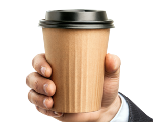 Hand holding a disposable coffee cup, transparent or white isolate background