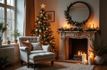 A cozy living room with a Christmas tree and glowing candles in the fireplace creates a warm atmosphere.