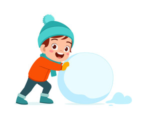 little kid build snowman and feel happy