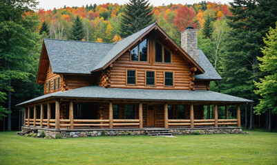 Fototapeta premium A cozy log cabin nestled amidst a picturesque forest, showcasing the vibrant hues of autumn foliage