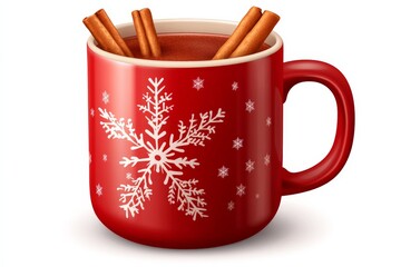 Red Christmas mug featuring a bold snowflake pattern filled with hot chocolate garnished with cinnamon sticks on a snowy festive background with glowing lights