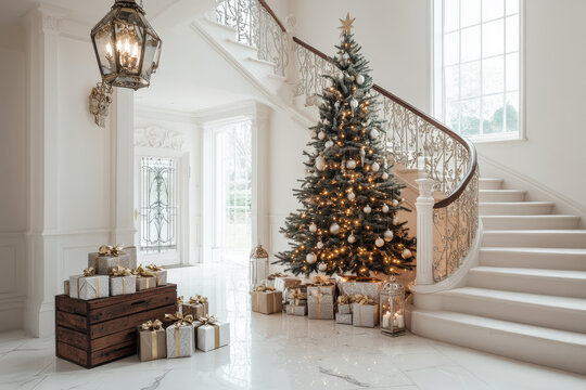 Gran entrada auna lujosa casa clasica con escalera antigiua, con decoracion navide&ntilde;a de arbol de navidad, cajas de regalos, arcon de madera y faroles metalicos