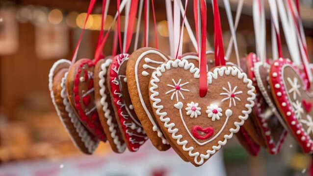 Close-up of traditional heart-shaped gingerbread cookies decorated with intricate icing patterns and hung on red ribbons. The festive market setting adds warmth and a cheerful holiday vibe.