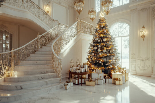 Gran entrada auna lujosa casa clasica con escalera antigiua, con decoracion navide&ntilde;a de arbol de navidad, cajas de regalos, arcon de madera y faroles metalicos