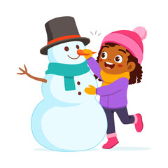 little kid build snowman and feel happy