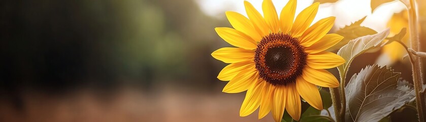 Naklejka premium A vibrant sunflower radiating beauty in a sunlit field, symbolizing warmth and joy.