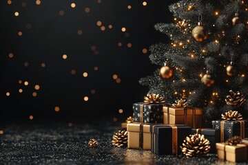 Christmas gifts under tree with golden ornaments.