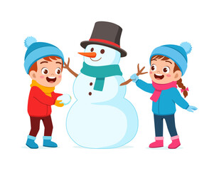 little kid build snowman with friend and feel happy