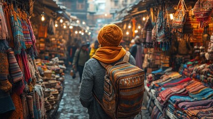 Obraz premium A traveler exploring a vibrant market filled with textiles and crafts.
